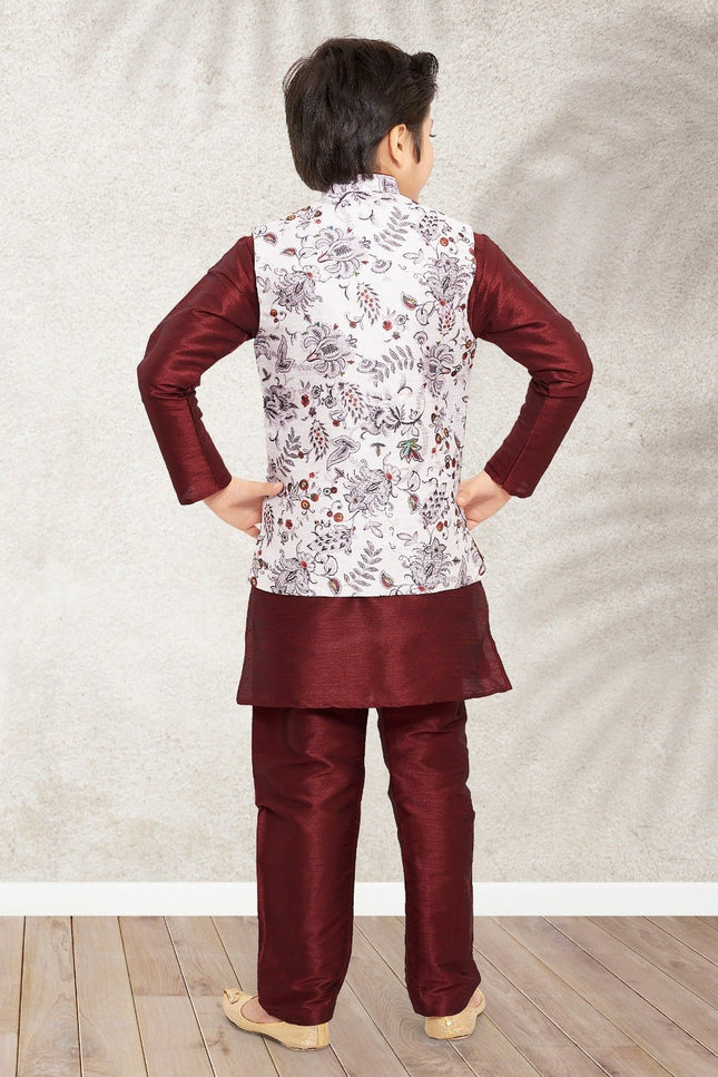 Boys Banarasi Silk Printed 3 - Piece Kurta Jacket Set with Churidar Pyjama - Rosepetals Luxe