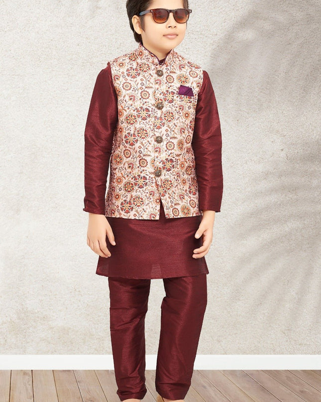 Boys Banarasi Silk Printed 3 - Piece Kurta Jacket Set with Churidar Pyjama - Rosepetals Luxe