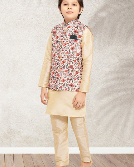 Boys Banarasi Silk Printed 3 - Piece Kurta Jacket Set with Churidar Pyjama - Rosepetals Luxe