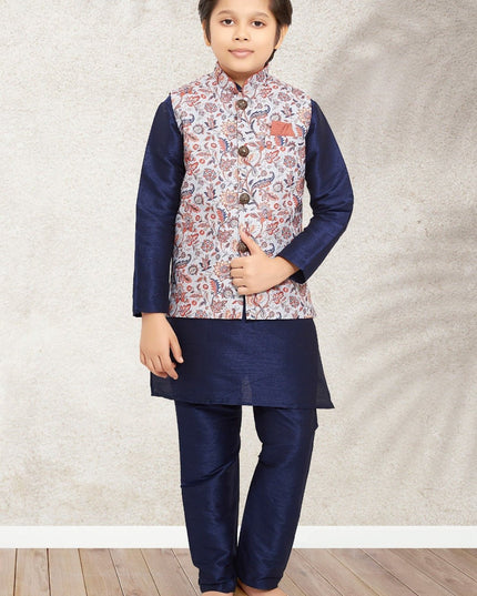 Boys Banarasi Silk Printed 3 - Piece Kurta Jacket Set with Churidar Pyjama - Rosepetals Luxe