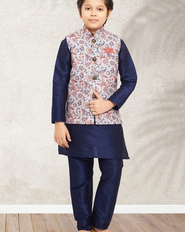 Boys Banarasi Silk Printed 3 - Piece Kurta Jacket Set with Churidar Pyjama - Rosepetals Luxe