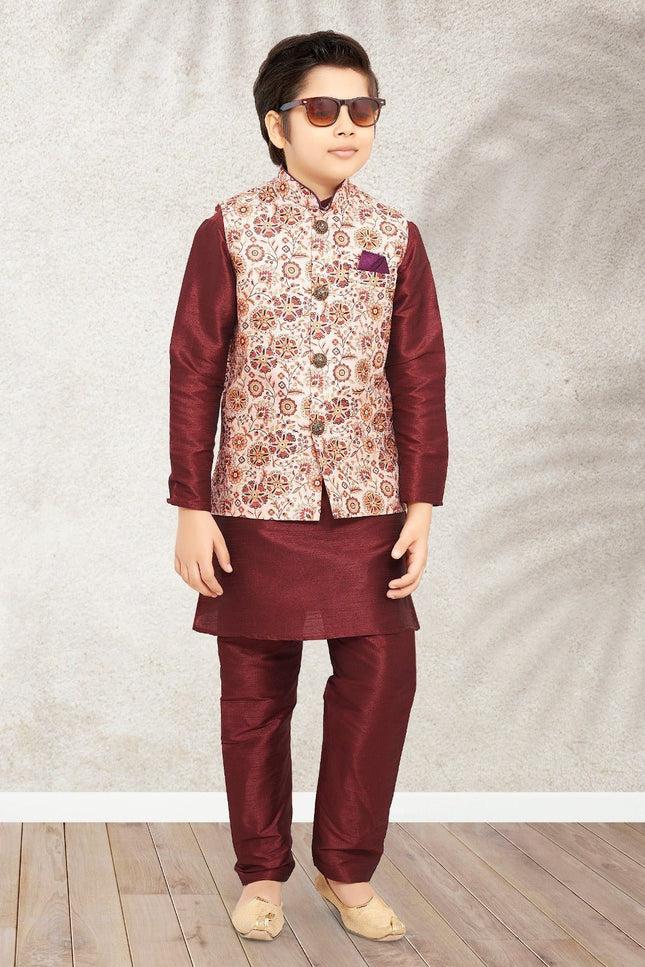 Boys Banarasi Silk Printed 3 - Piece Kurta Jacket Set with Churidar Pyjama - Rosepetals Luxe