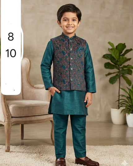 Boys Heavy Jacquard Koti with Silk Kurta & Pyjama | 3-Piece Wedding & Festive Ethnic Set | Ages 4–14 - Rosepetals Luxe