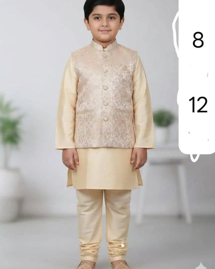 Boys Heavy Jacquard Koti with Silk Kurta & Pyjama | 3-Piece Wedding & Festive Ethnic Set | Ages 4–14 - Rosepetals Luxe