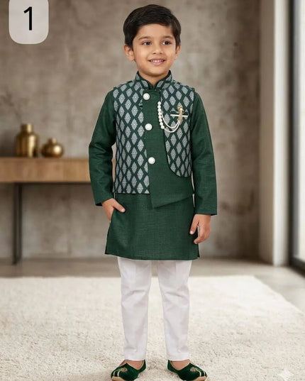 Boys Heavy Jacquard Koti with Silk Kurta & Pyjama | 3-Piece Wedding & Festive Ethnic Set | Ages 4–14 - Rosepetals Luxe