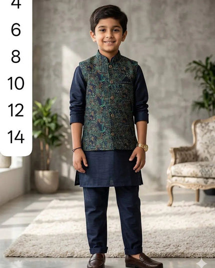 Boys Heavy Jacquard Koti with Silk Kurta & Pyjama | 3-Piece Wedding & Festive Ethnic Set | Ages 4–14 - Rosepetals Luxe