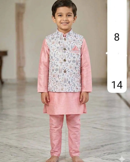 Boys Heavy Jacquard Koti with Silk Kurta & Pyjama | 3-Piece Wedding & Festive Ethnic Set | Ages 4–14 - Rosepetals Luxe