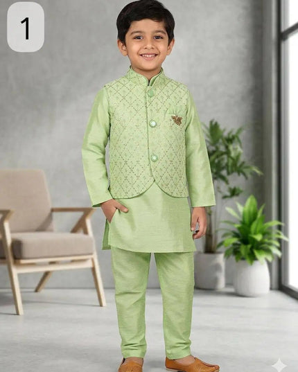 Boys Heavy Jacquard Koti with Silk Kurta & Pyjama | 3-Piece Wedding & Festive Ethnic Set | Ages 4–14 - Rosepetals Luxe