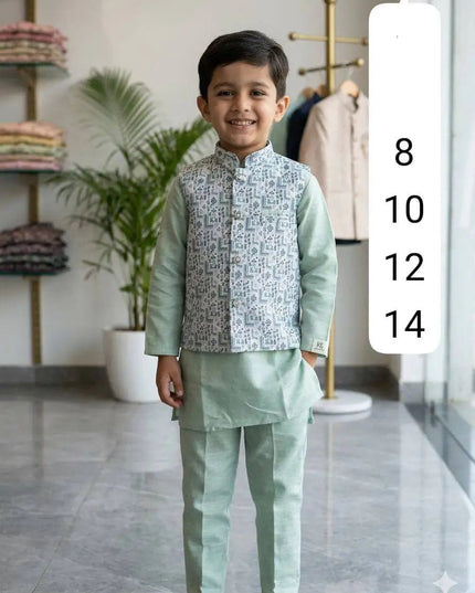 Boys Heavy Jacquard Koti with Silk Kurta & Pyjama | 3-Piece Wedding & Festive Ethnic Set | Ages 4–14 - Rosepetals Luxe