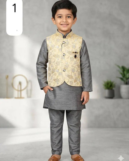 Boys Heavy Jacquard Koti with Silk Kurta & Pyjama | 3-Piece Wedding & Festive Ethnic Set | Ages 4–14 - Rosepetals Luxe