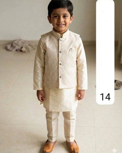 Boys Heavy Jacquard Koti with Silk Kurta & Pyjama | 3-Piece Wedding & Festive Ethnic Set | Ages 4–14 - Rosepetals Luxe