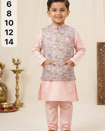 Boys Heavy Jacquard Koti with Silk Kurta & Pyjama | 3-Piece Wedding & Festive Ethnic Set | Ages 4–14 - Rosepetals Luxe