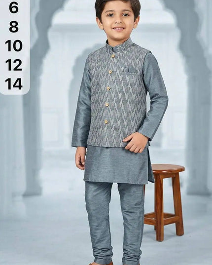 Boys Heavy Jacquard Koti with Silk Kurta & Pyjama | 3-Piece Wedding & Festive Ethnic Set | Ages 4–14 - Rosepetals Luxe