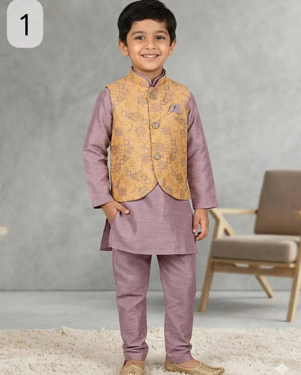 Boys Heavy Jacquard Koti with Silk Kurta & Pyjama | 3-Piece Wedding & Festive Ethnic Set | Ages 4–14 - Rosepetals Luxe