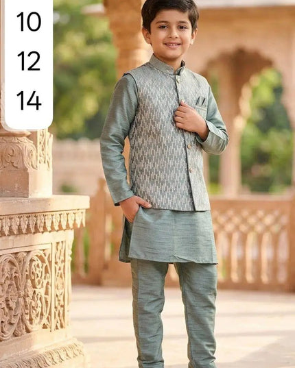 Boys Heavy Jacquard Koti with Silk Kurta & Pyjama | 3-Piece Wedding & Festive Ethnic Set | Ages 4–14 - Rosepetals Luxe