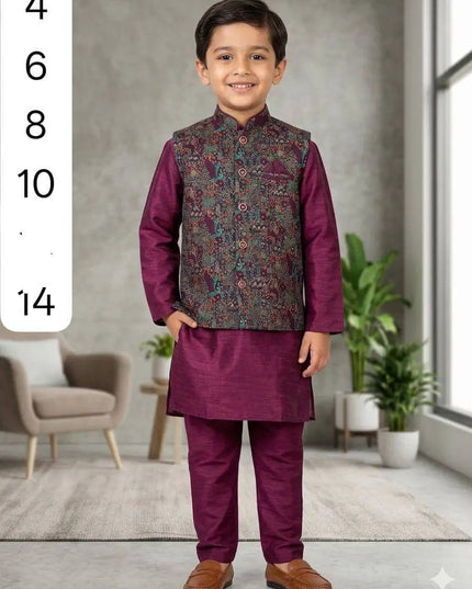 Boys Heavy Jacquard Koti with Silk Kurta & Pyjama | 3-Piece Wedding & Festive Ethnic Set | Ages 4–14 - Rosepetals Luxe
