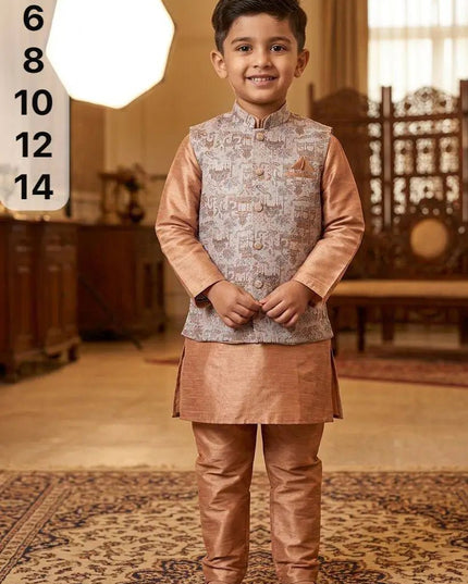 Boys Heavy Jacquard Koti with Silk Kurta & Pyjama | 3-Piece Wedding & Festive Ethnic Set | Ages 4–14 - Rosepetals Luxe