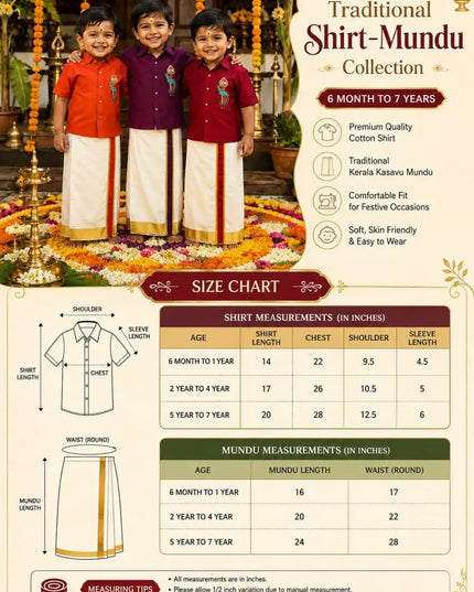 Boys Kerala Kasavu Shirt-Mundu Set | Murugan Vel Mayil Maggam Work | Onam Festive Wear - Rosepetals Luxe