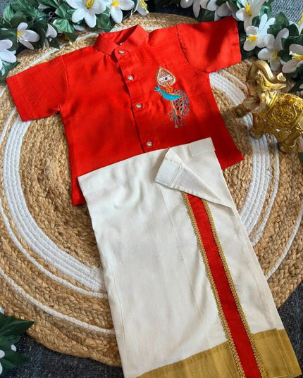 Boys Kerala Kasavu Shirt-Mundu Set | Murugan Vel Mayil Maggam Work | Onam Festive Wear - Rosepetals Luxe