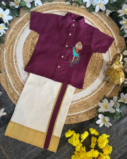 Boys Kerala Kasavu Shirt-Mundu Set | Murugan Vel Mayil Maggam Work | Onam Festive Wear - Rosepetals Luxe