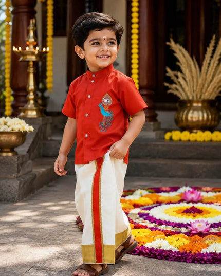 Boys Kerala Kasavu Shirt-Mundu Set | Murugan Vel Mayil Maggam Work | Onam Festive Wear - Rosepetals Luxe