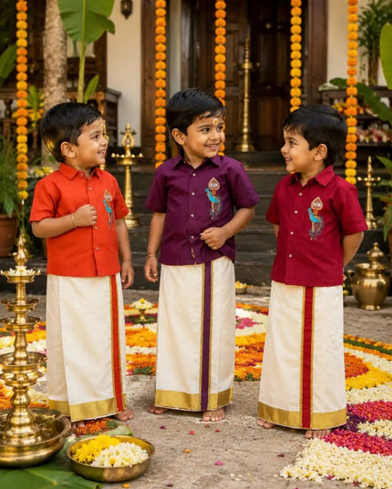 Boys Kerala Kasavu Shirt-Mundu Set | Murugan Vel Mayil Maggam Work | Onam Festive Wear - Rosepetals Luxe