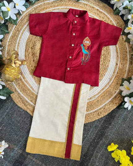 Boys Kerala Kasavu Shirt-Mundu Set | Murugan Vel Mayil Maggam Work | Onam Festive Wear - Rosepetals Luxe