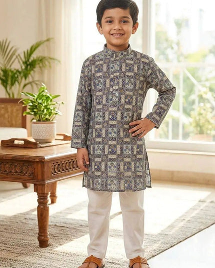 Boys' Printed Cotton Kurta Pyjama Set | Soft & Breathable | Festive & Eid Wear | Sizes 4–12 - Rosepetals Luxe