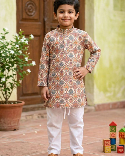 Boys' Printed Cotton Kurta Pyjama Set | Soft & Breathable | Festive & Eid Wear | Sizes 4–12 - Rosepetals Luxe