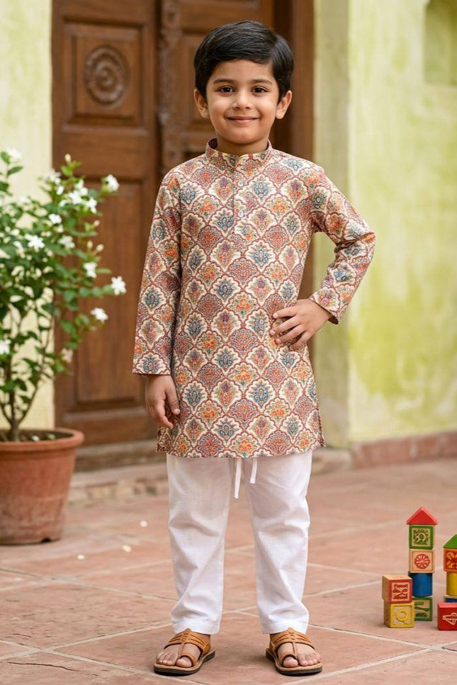 Boys' Printed Cotton Kurta Pyjama Set | Soft & Breathable | Festive & Eid Wear | Sizes 4–12 - Rosepetals Luxe