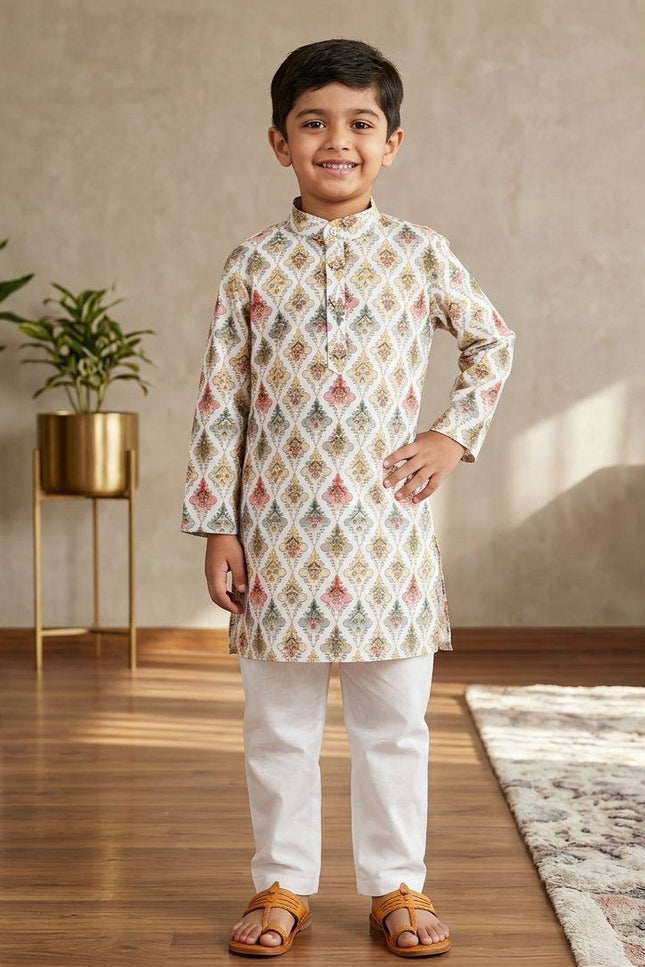 Boys' Printed Cotton Kurta Pyjama Set | Soft & Breathable | Festive & Eid Wear | Sizes 4–12 - Rosepetals Luxe