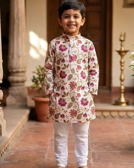 Boys' Printed Cotton Kurta Pyjama Set | Soft & Breathable | Festive & Eid Wear | Sizes 4–12 - Rosepetals Luxe