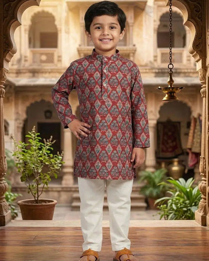 Boys' Printed Cotton Kurta Pyjama Set | Soft & Breathable | Festive & Eid Wear | Sizes 4–12 - Rosepetals Luxe
