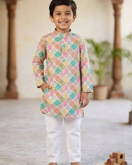 Boys' Printed Cotton Kurta Pyjama Set | Soft & Breathable | Festive & Eid Wear | Sizes 4–12 - Rosepetals Luxe