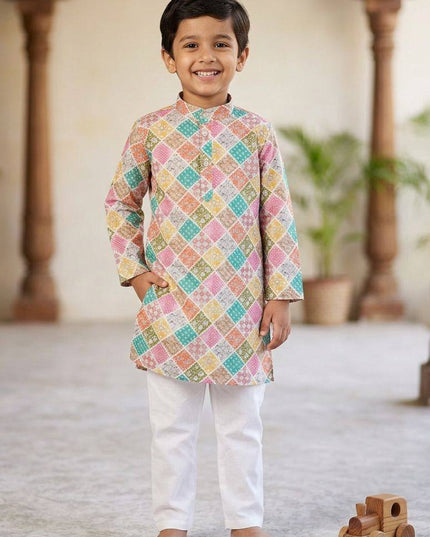 Boys' Printed Cotton Kurta Pyjama Set | Soft & Breathable | Festive & Eid Wear | Sizes 4–12 - Rosepetals Luxe