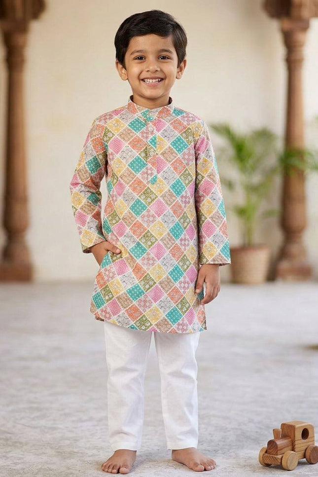 Boys' Printed Cotton Kurta Pyjama Set | Soft & Breathable | Festive & Eid Wear | Sizes 4–12 - Rosepetals Luxe