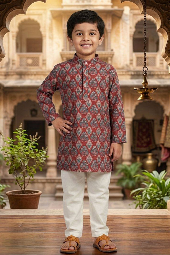 Boys' Printed Cotton Kurta Pyjama Set | Soft & Breathable | Festive & Eid Wear | Sizes 4–12 - Rosepetals Luxe