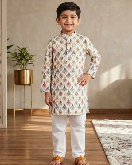 Boys' Printed Cotton Kurta Pyjama Set | Soft & Breathable | Festive & Eid Wear | Sizes 4–12 - Rosepetals Luxe
