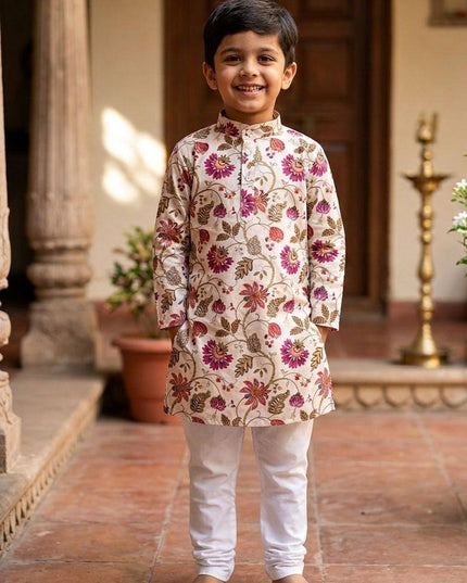 Boys' Printed Cotton Kurta Pyjama Set | Soft & Breathable | Festive & Eid Wear | Sizes 4–12 - Rosepetals Luxe