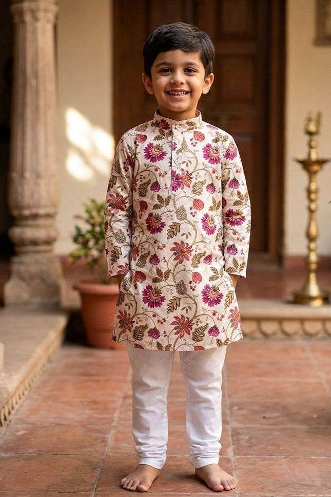Boys' Printed Cotton Kurta Pyjama Set | Soft & Breathable | Festive & Eid Wear | Sizes 4–12 - Rosepetals Luxe