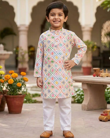Boys' Printed Cotton Kurta Pyjama Set | Soft & Breathable | Festive & Eid Wear | Sizes 4–12 - Rosepetals Luxe