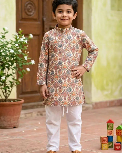 Boys' Printed Cotton Kurta Pyjama Set | Soft & Breathable | Festive & Eid Wear | Sizes 4–12 - Rosepetals Luxe