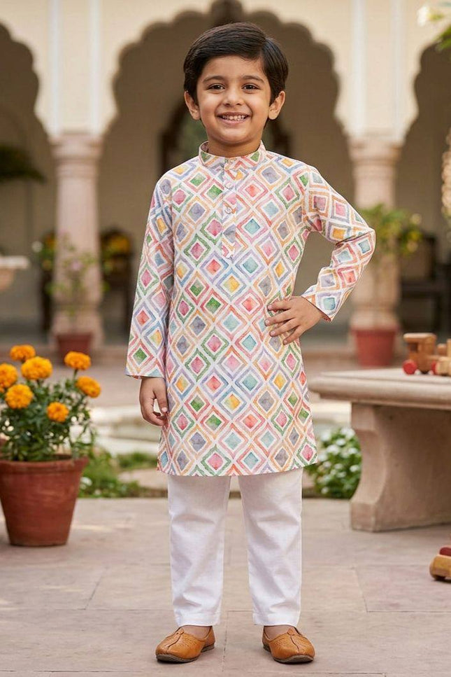 Boys' Printed Cotton Kurta Pyjama Set | Soft & Breathable | Festive & Eid Wear | Sizes 4–12 - Rosepetals Luxe
