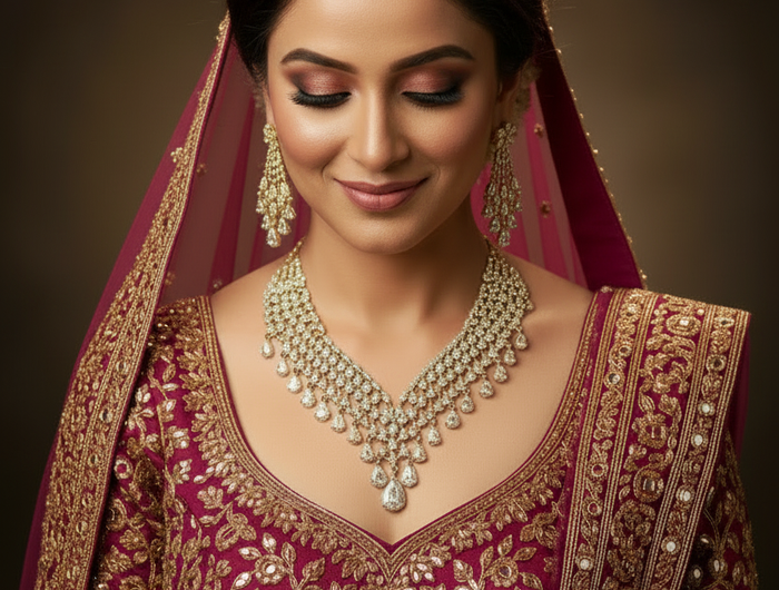 Bridal Model No Hands Looking Down at Necklace