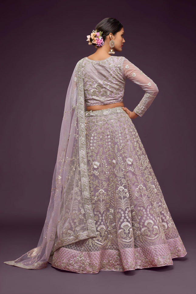Bridal Soft Net Lehenga Choli Set | Zari Badla & Glitter Dori Embroidery | A-Line Semi-Stitched - Rosepetals Luxe