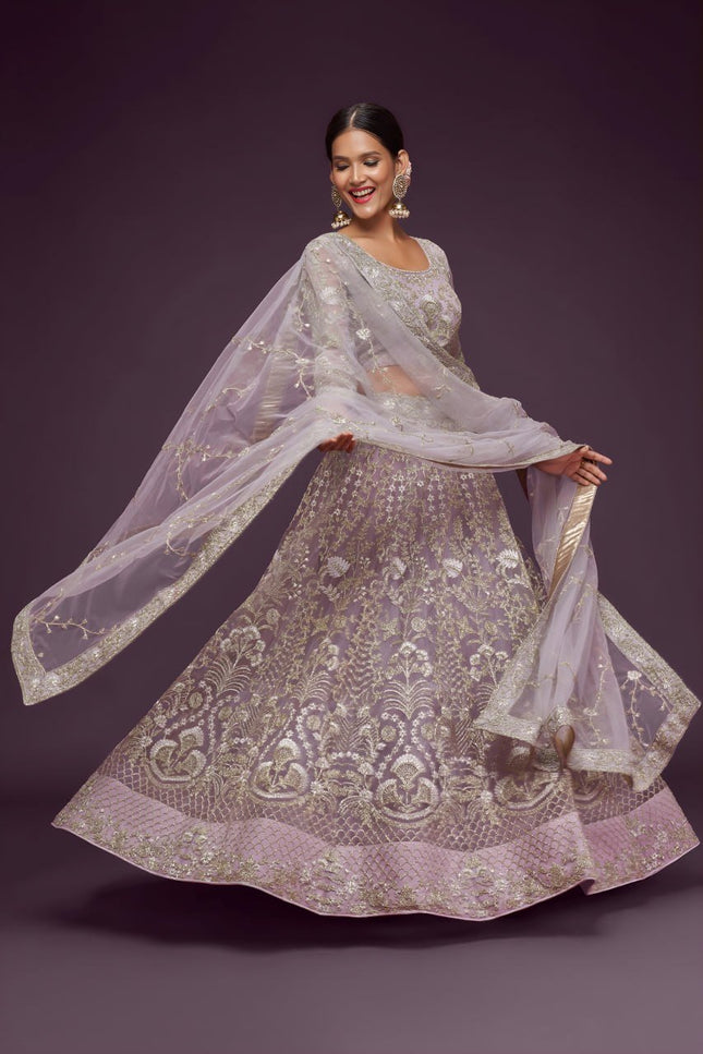 Bridal Soft Net Lehenga Choli Set | Zari Badla & Glitter Dori Embroidery | A-Line Semi-Stitched - Rosepetals Luxe
