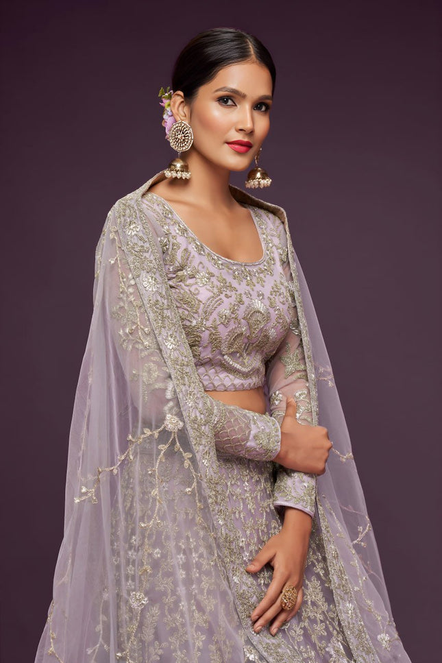Bridal Soft Net Lehenga Choli Set | Zari Badla & Glitter Dori Embroidery | A-Line Semi-Stitched - Rosepetals Luxe