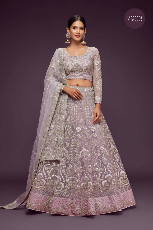 Bridal Soft Net Lehenga Choli Set | Zari Badla & Glitter Dori Embroidery | A-Line Semi-Stitched - Rosepetals Luxe