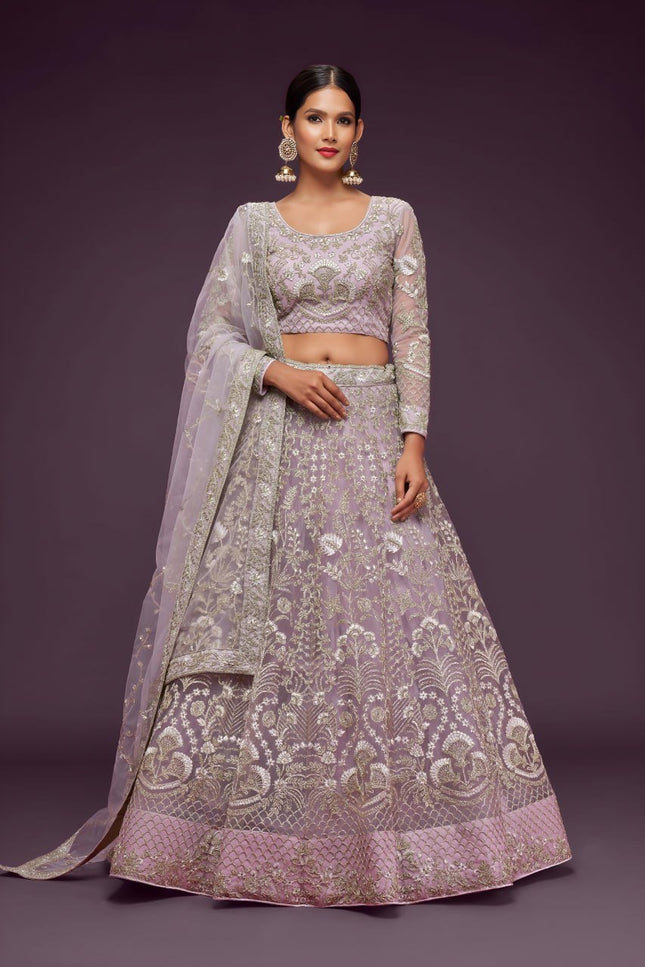 Bridal Soft Net Lehenga Choli Set | Zari Badla & Glitter Dori Embroidery | A-Line Semi-Stitched - Rosepetals Luxe