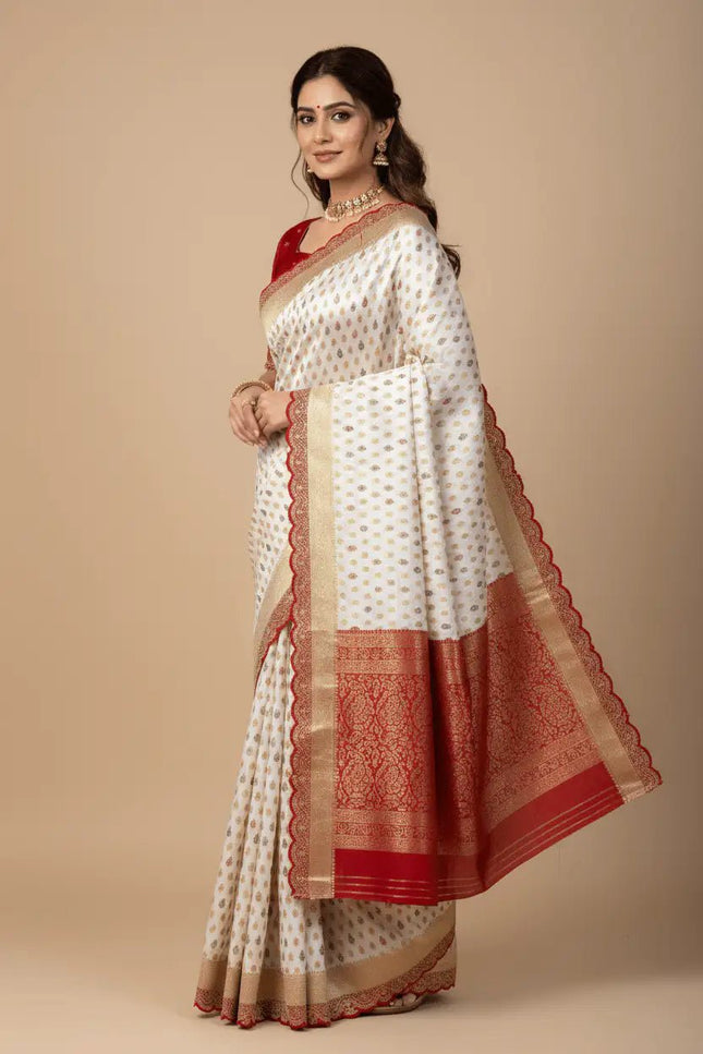 Bridal White Khaddi Georgette & Dolla Saree | Kanchi Scallop Border | Red Blouse - Rosepetals Luxe